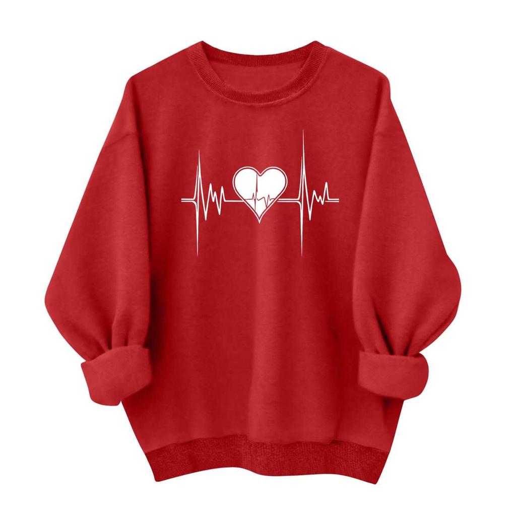 Ladies' Casual And Fashionable Round Neck Top With Valentines Print Hooded T,shirt Long Sleeved Sweatshirt