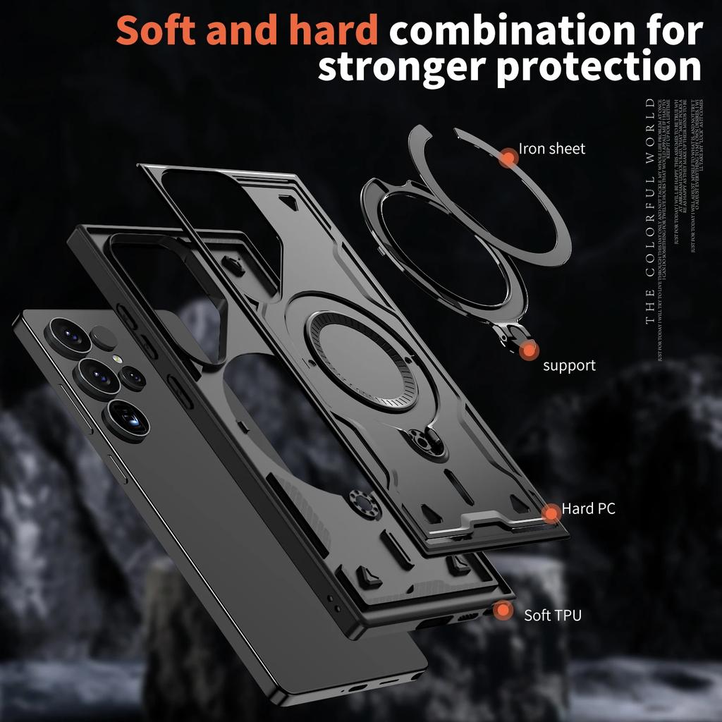 Military Armor Shockproof Case For Samsung Galaxy S22 Ultra S23 FE S24 S25 Plus 360° Rotating Stand TPU Frame Plastic Back Cover