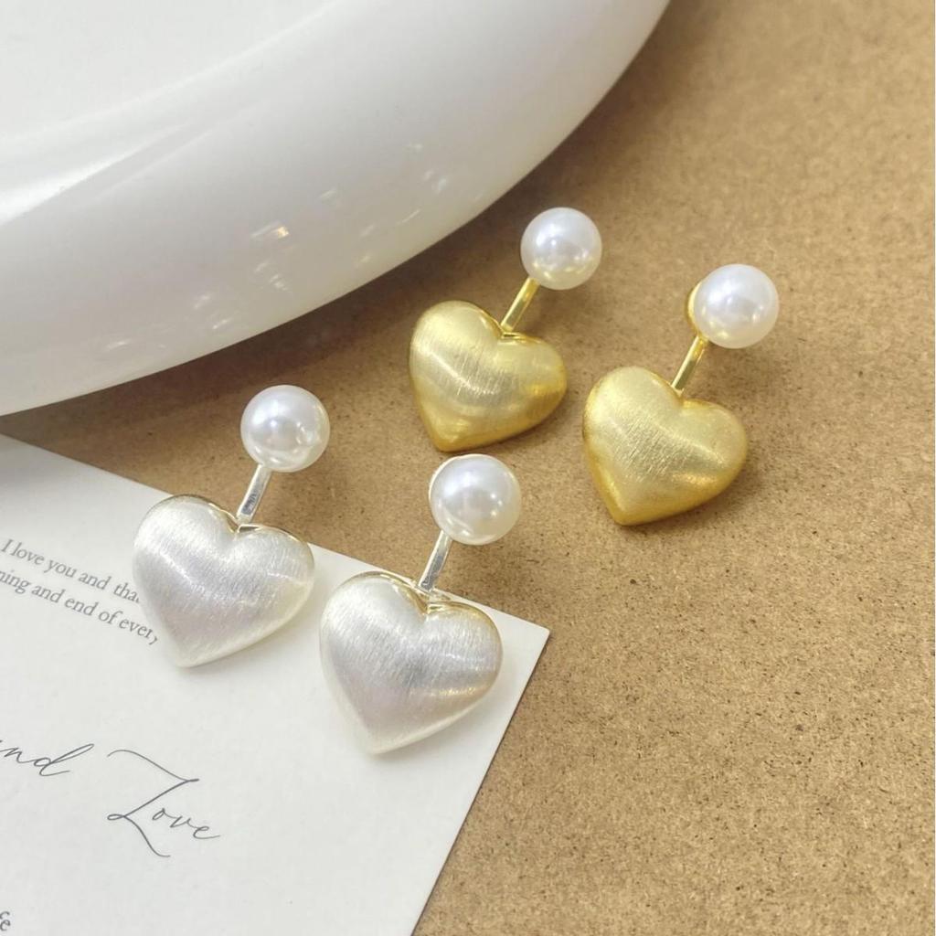 Elegant Two-Way Metal Brushed Heart Pearl Earrings - Versatile High-End Studs