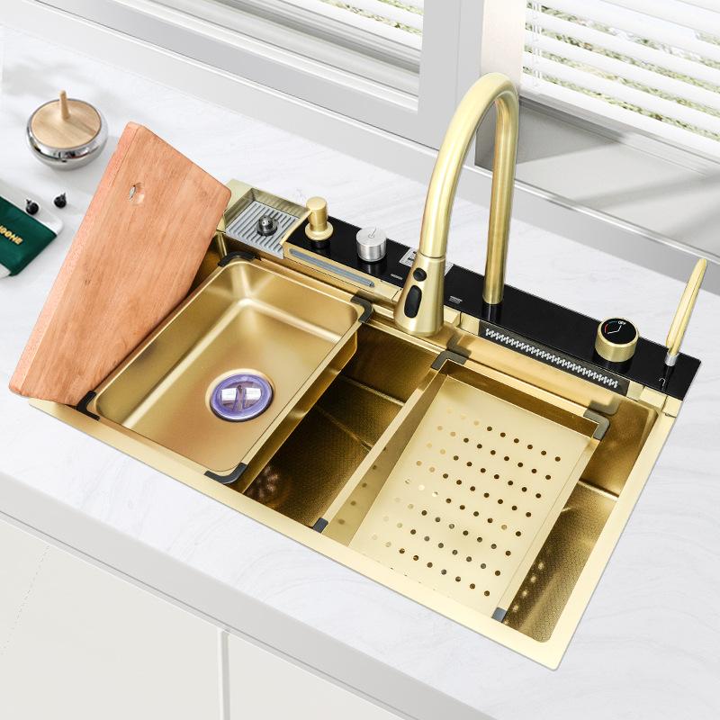 Golden Stainless Steel Kitchen Sink Double Waterfall Digital Display Sink Embossed Large Single Slot Multi-functional Wash Basin
