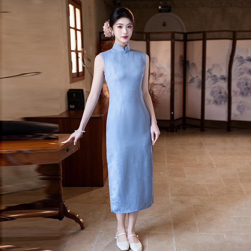 Blue sleeveless national style new Chinese daily Suzhou long cheongsam improved young 1011 new women's high sense