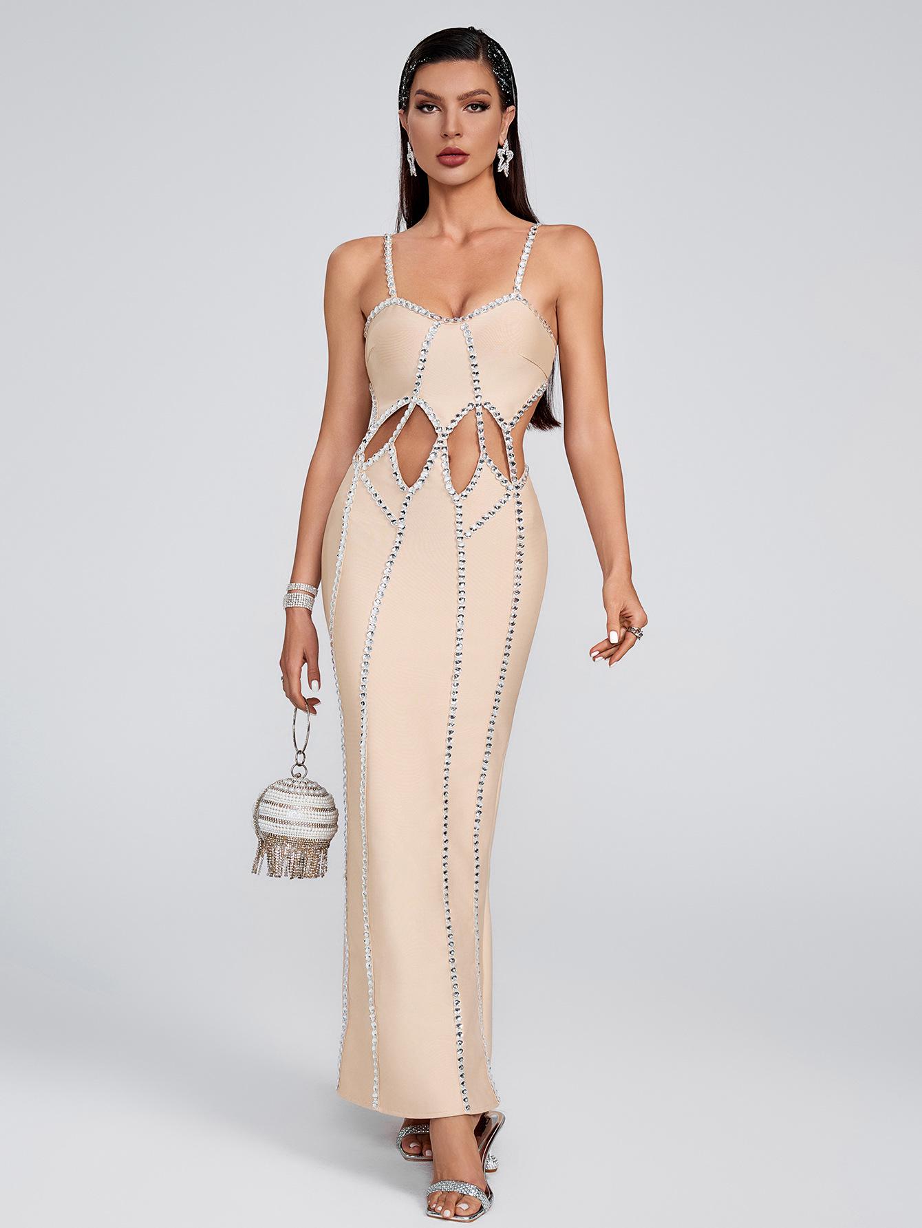 

Custom Rhinestone Spaghetti Strap V-Neck Backless Bandage Dress with Waist Cut-Outs XL
