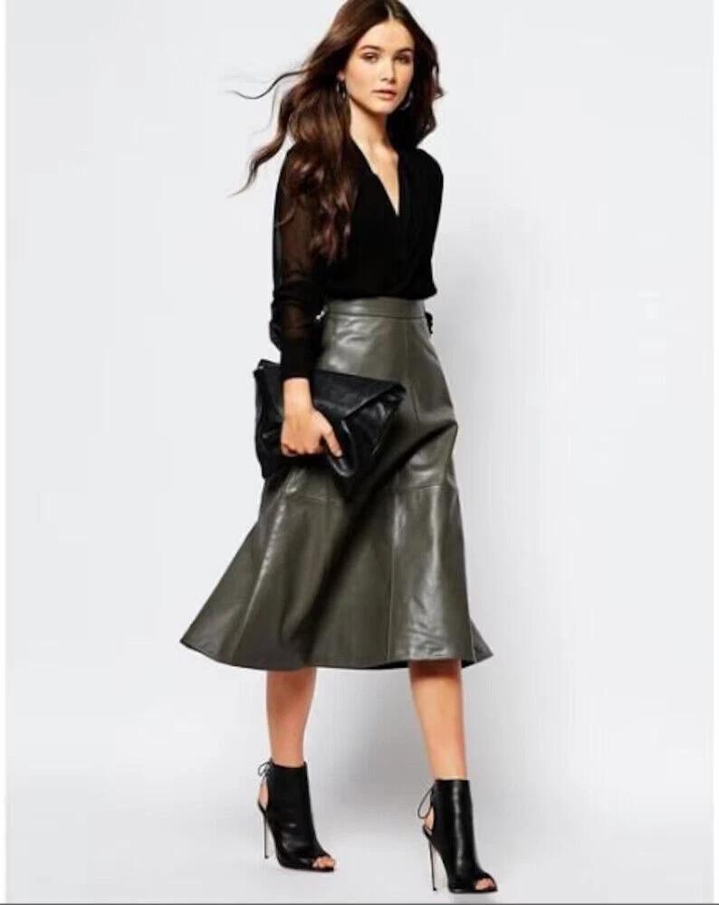 Women's Skirt Stylish Gray Leather Handmade Original Lambskin Formal Wear Soft
