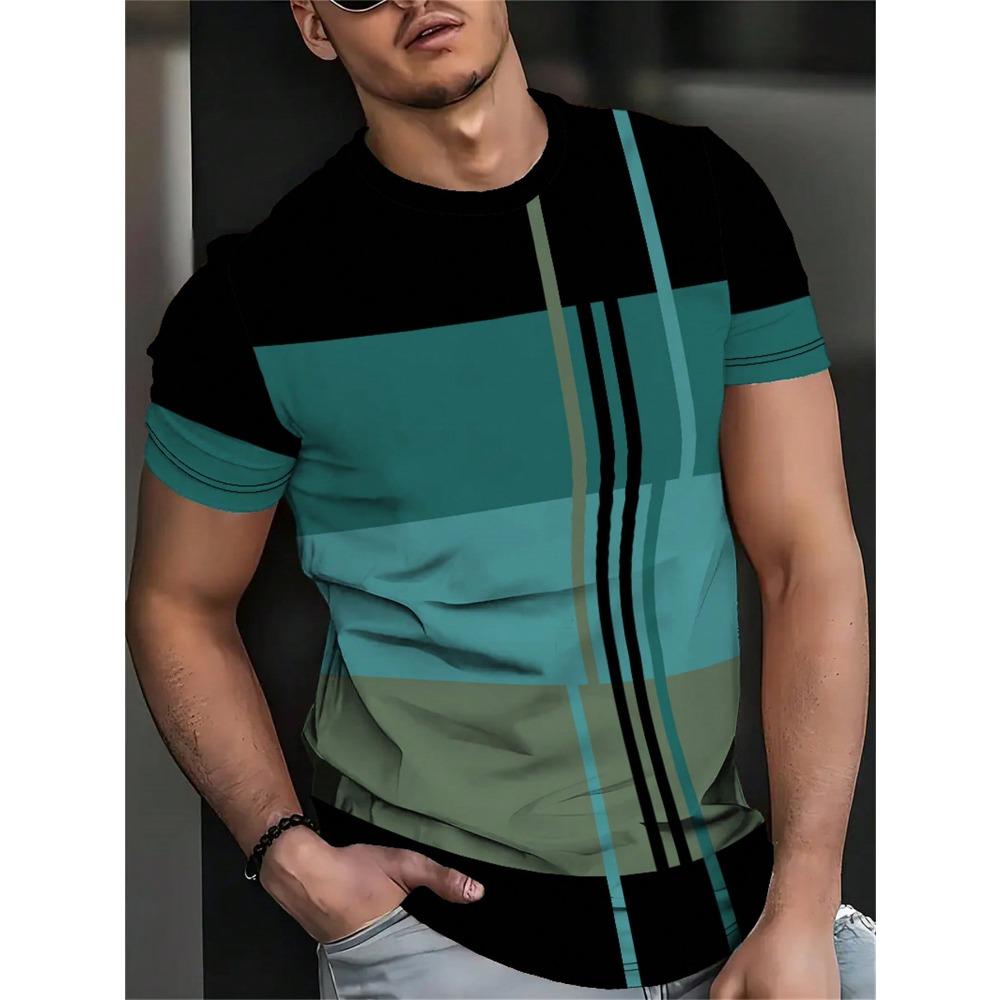 Men's Geometric Stripe Print Crew Neck T-Shirt - Casual Short Sleeve Poly Blend