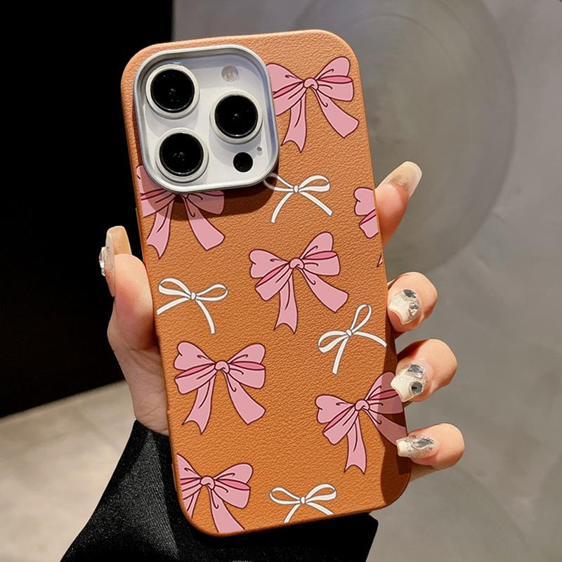Cute Pink Bow Phone Case For iPhone 16 Pro Max Coque for iPhone 15 14 13 Pro Max 16e Magnetic Leather Texture Silicone Case Cover