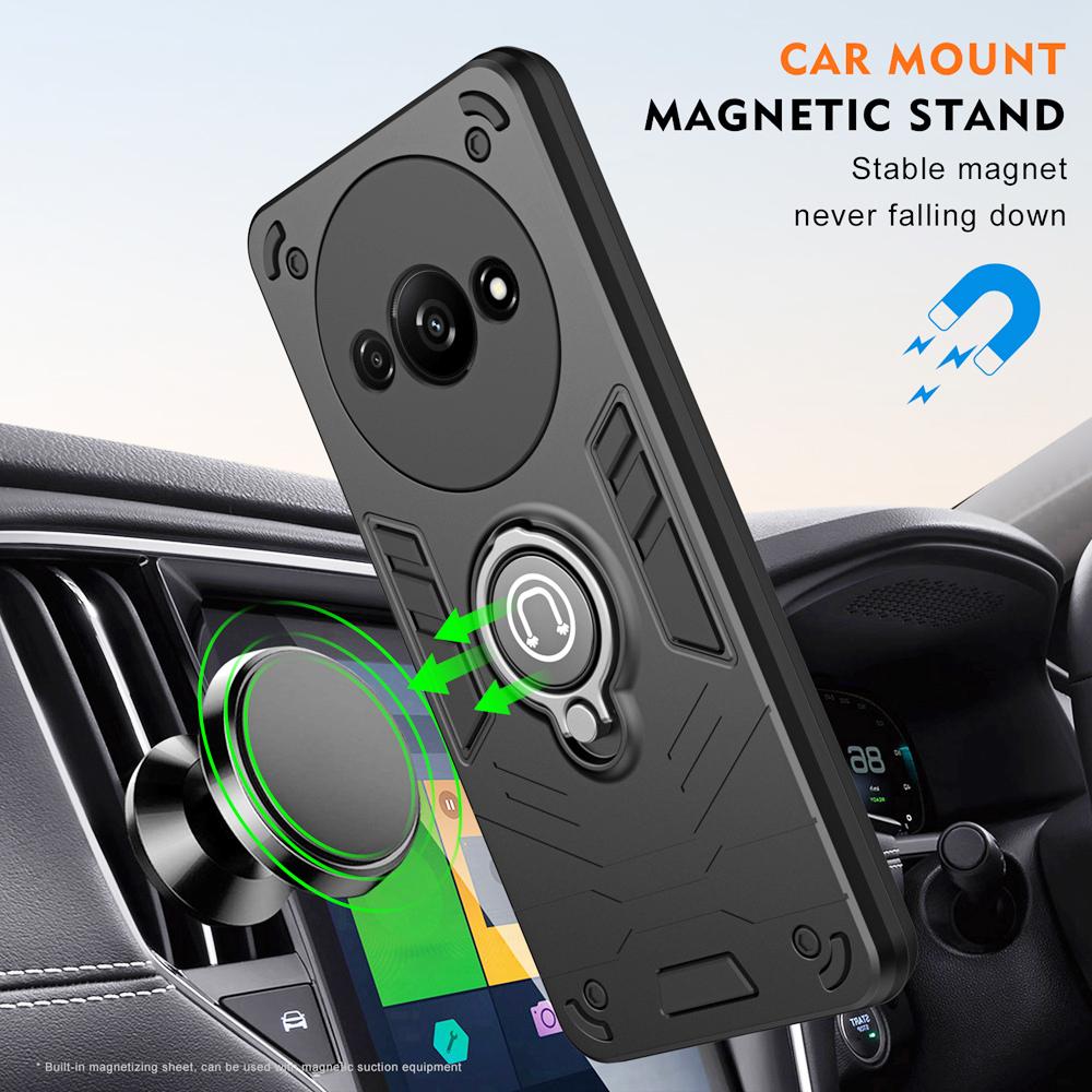 KEYSION Shockproof Armor Case for Redmi A3 Slide Camera Lens Protection Ring Stand Phone Back Cover for for Xiaomi POCO C61