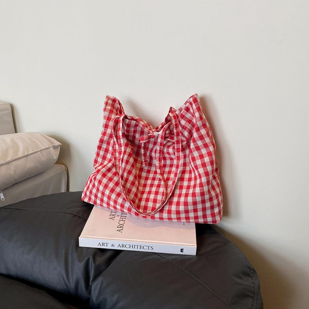 Check Lattice Tote Bag Korean Style Canvas Bag Sweet Red Plaid Shoulder Bag Shopping красный