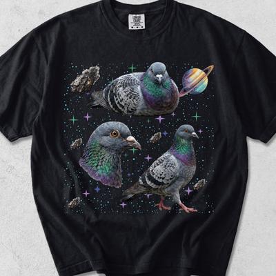 Drie Duiven Ruimte T-shirts, Vintage Duif Maan T-shirt, Vogelspotters Liefhebbers, Grappig Vogel Tee, Oversized Gewassen Tee, Grappig Cadeau