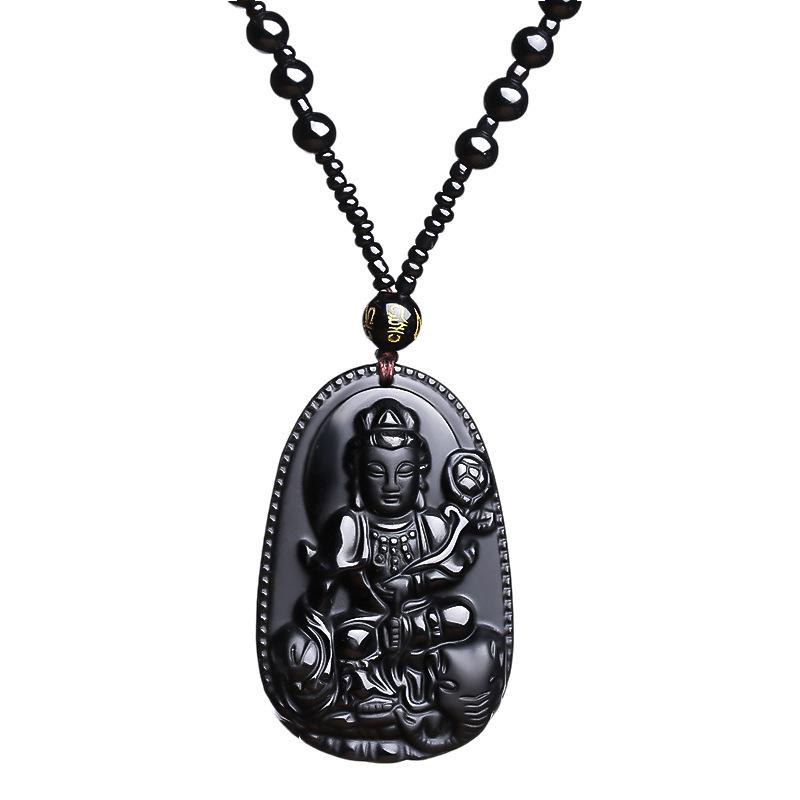 12 Zodiac Guardian Gods Black Obsidian Necklace with Guanyin Pendant