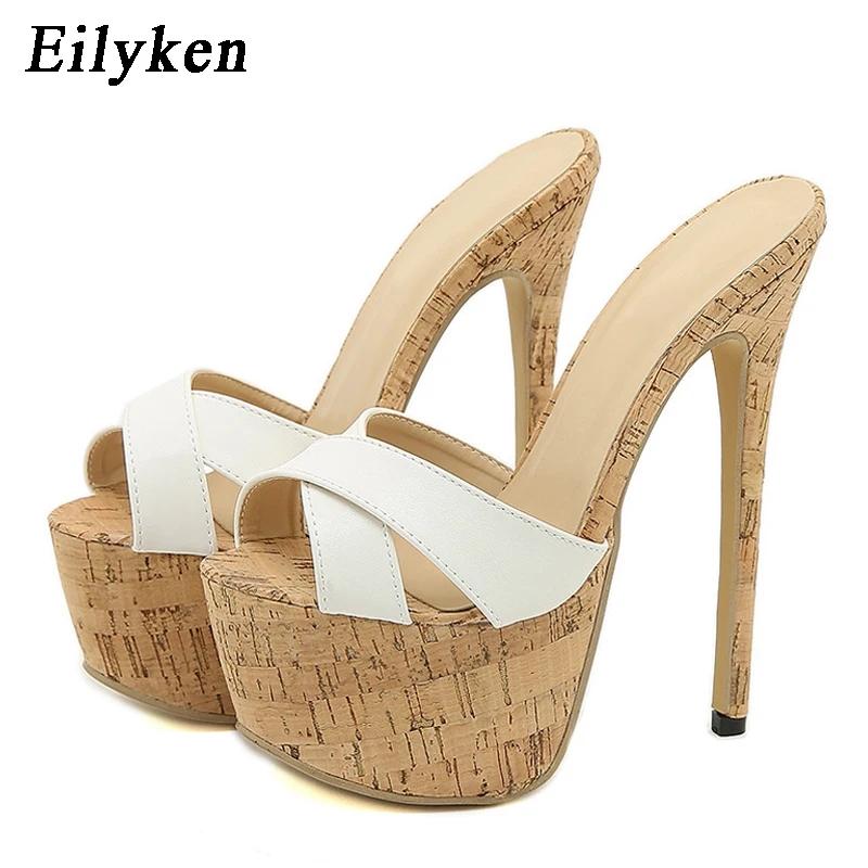 Summer Ultra Thin High Heels 17CM Ladies Slippers Fashion Brief Slingback Peep Toe Slip-On Platform Sandals Mules Shoes