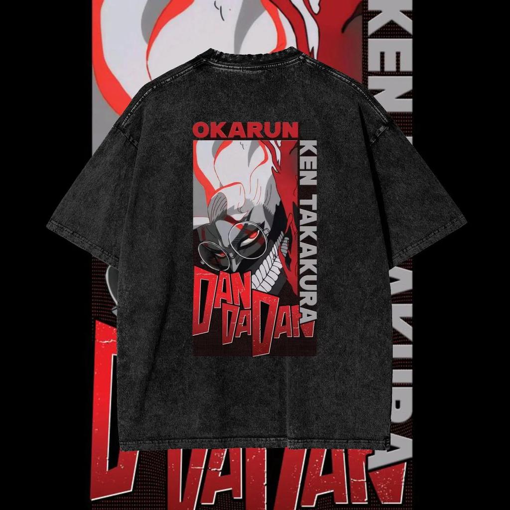Dandadan Anime T-shirt For Men Women Okarun and Momo Cotton Tops Summer Vintage Washed Men's T-shirt Clothing