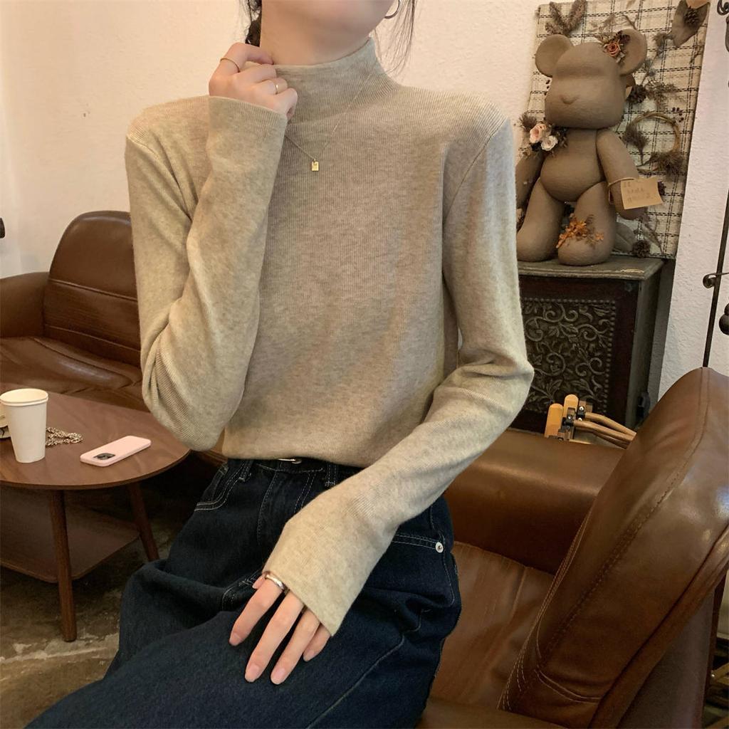 Autumn and winter warm small stand-up collar with knitted bottoming shirt inside, women's stacked long-sleeved solid-color versatile soft waxy 