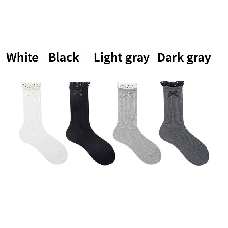 Women Polka Dot Ruffle Cuff Mid Calf Socks Soft Ribbed Cotton Bow Decor Socks Elastic Casual Socks For Jk Dress Daily One Size