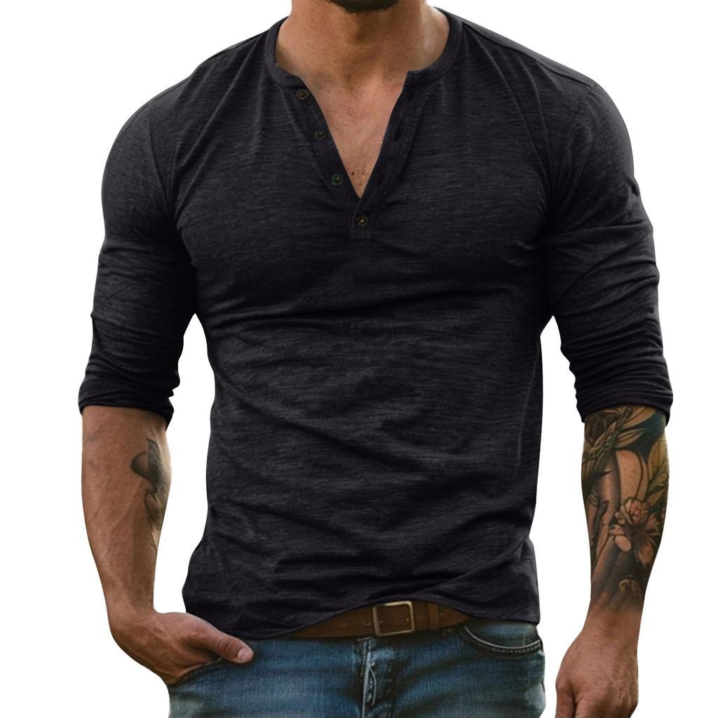 Men's Solid Color Long Sleeve Button Collar Long Sleeve T-Shirt Men's Casual Fashion Top