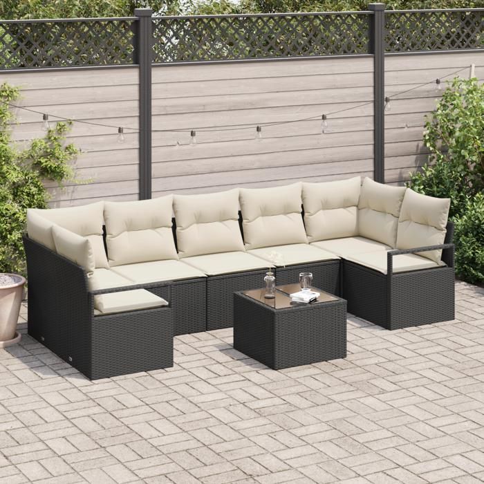 Canapé de Jardin 8 Pièces avec Coussins Noir Rotin Poly, Canapé de Jardin 2 Places avec Rangement et Coussins Noir Rotin 3354966
