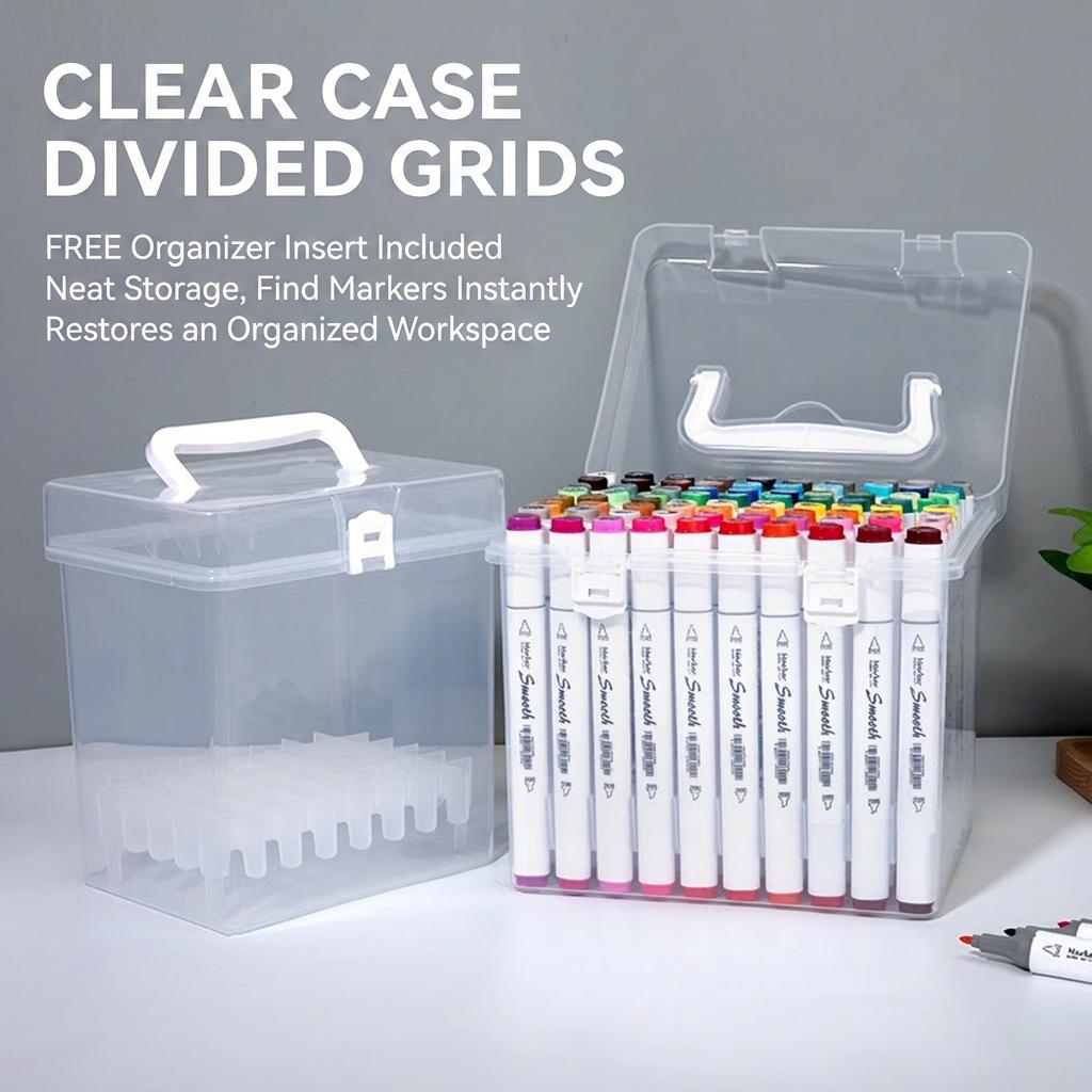 12/24/36/48/60 Color Markers Bucket Clear Plastic Marker Storage Bin With Detachable Dividers Portable Handle Art Organizer Case