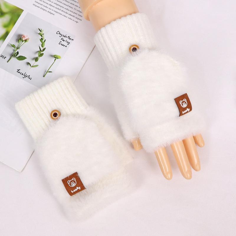 Open finger can be flipped half finger white plush gloves female autumn and winter thickened warm student writing riding