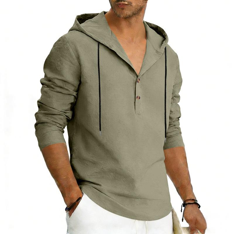 Men's Plus Size Linen Long Sleeve Hoodie, Casual Color Pullover