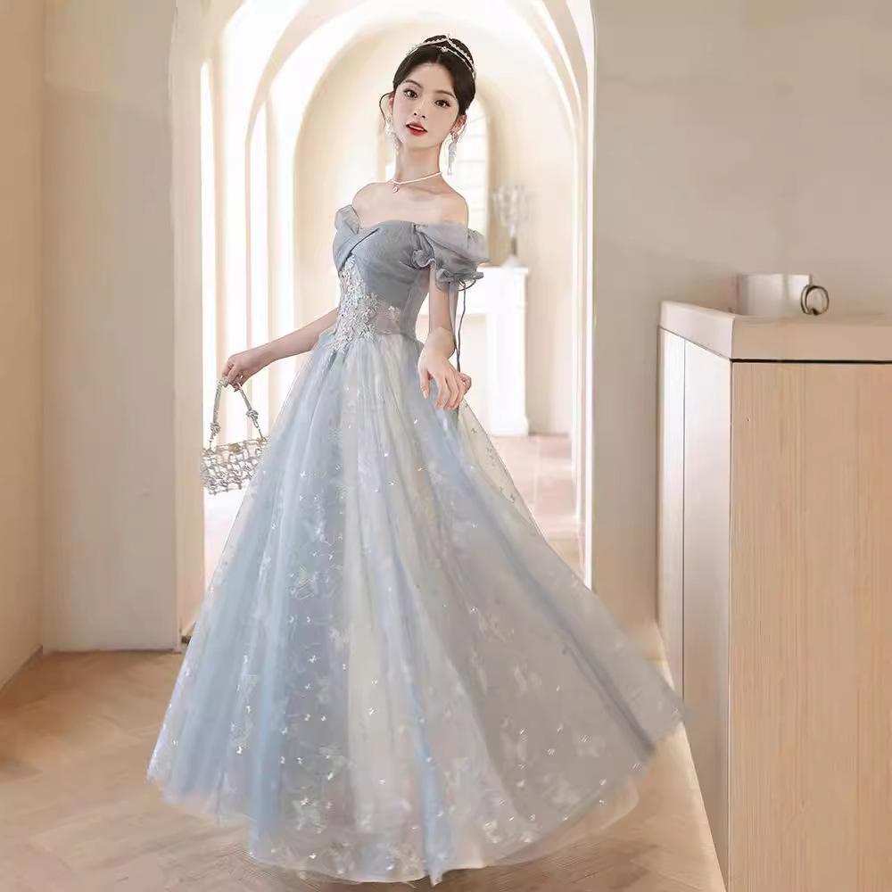 Blue Evening Dress Dress Banquet French Light Luxury Niche Temperament Style Princess Vocal Art Test Performer