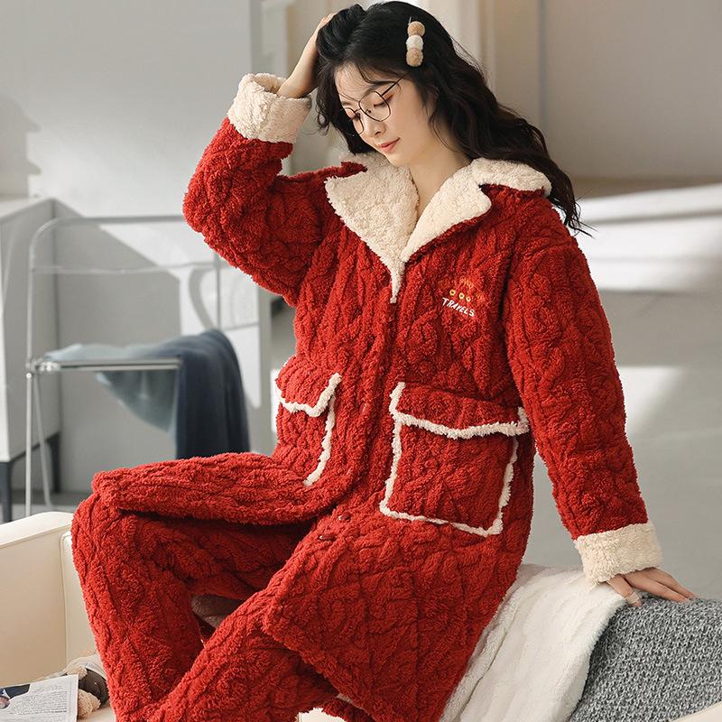 Coral Velvet Quilted Pajamas Women's Winter Three Layer Thick and Fleece Home Wear Women's Winter Flannel Thermal Set