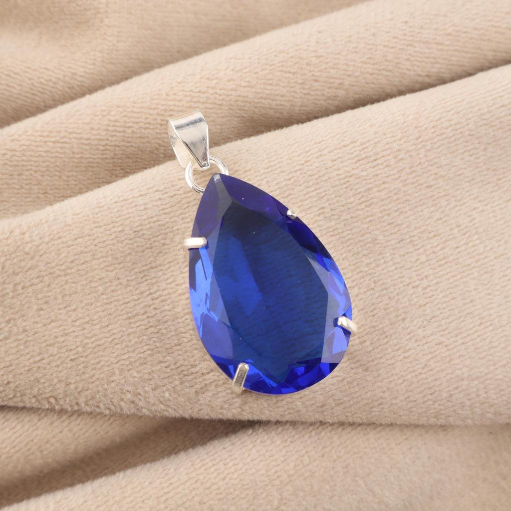 Blauer Saphir Edelstein Silber Einzigartiger Anhänger 1,6" 925 Sterlingsilber Handgefertigter Schmuck Für Thanksgiving PP-67-10