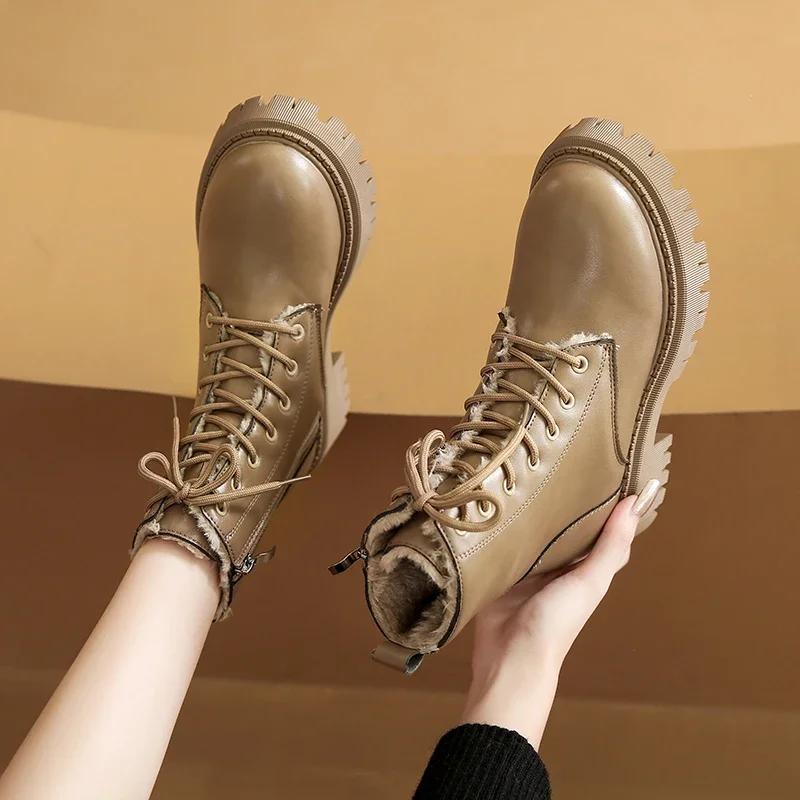Fashion Autumn Winter Woman Ankle Boots Thick Plush Warm PU Leather Booties Woman Fashion Non Slip Lace Up Short Boots Plus Size