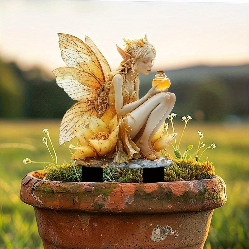 

Charming fairy garden statue, waterproof acrylic with honey pot. Perfect outdoor decoration.