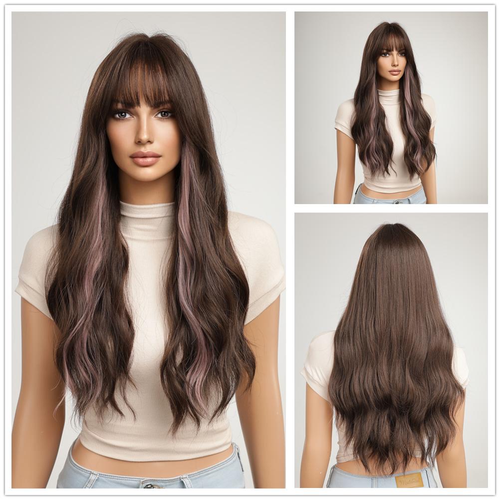 ALAN EATON Ombre Braun-Blond-Mischperücken mit Pony, lang, lockig, gewellt, Kunsthaarperücken für Frauen, hitzebeständige Faserperücken, für den Alltag, Partys, Cosplay