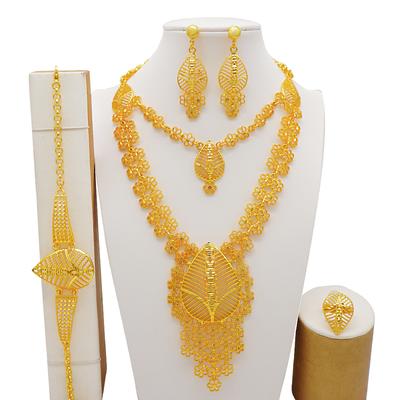Indisches Dubai Goldfarbenes Schmuckset für Frauen Braut Langes Halsketten-Set Nigerianisches Halsband-Halsketten-Armband-Ohrring-Ring-Set