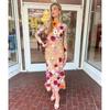 Womens Floral Embroidered Mesh Fitted Mermaid Dress With Round Neck High Waist
