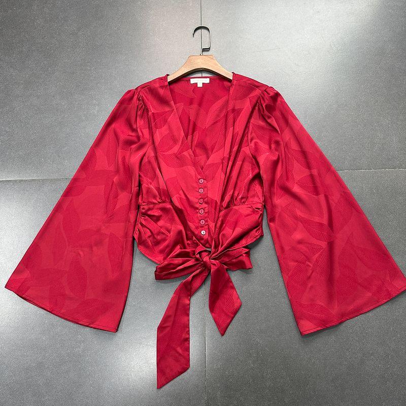 

Export Pure Original Flying Tomato Pure Original V-neck Flared Sleeves Dark Pattern Leaf Dark Pattern Shirt Tops Dark red shirt L