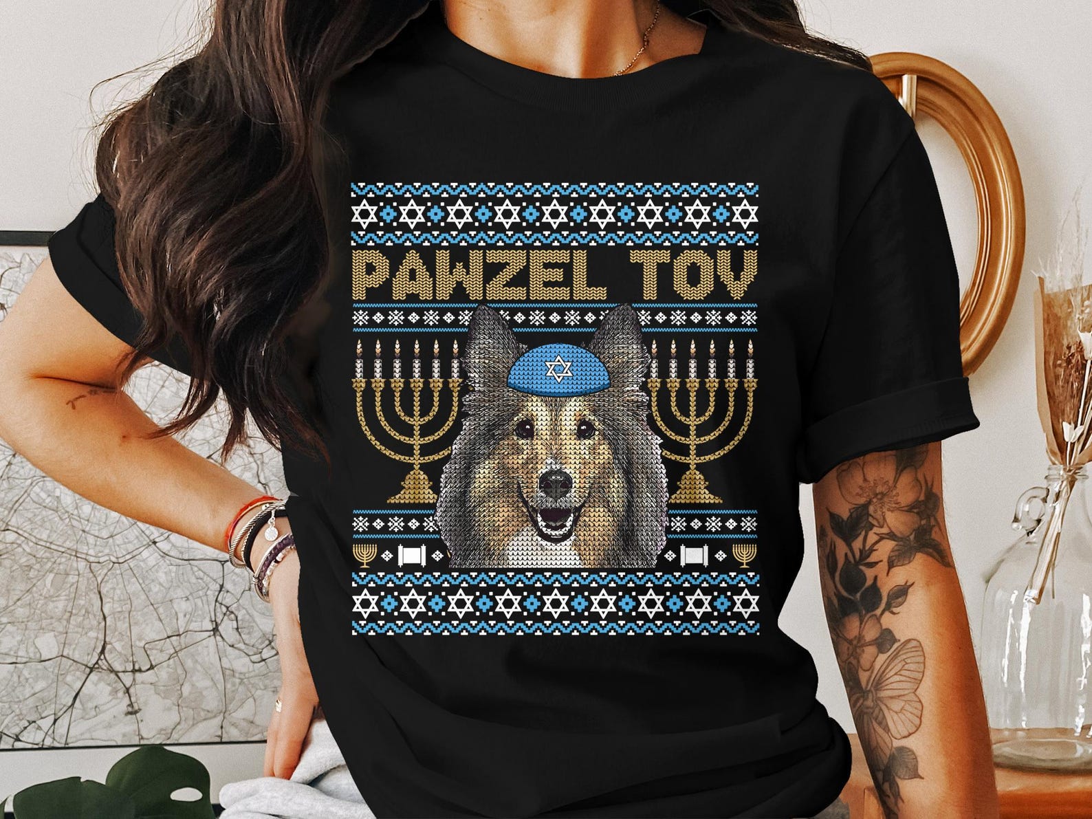 Pawzel Tov Collie Hanukkah Shirt, Cute Hanukkah Dog T-Shirt, Collie Dog Jewish Holiday Tee, Festive Hanukkah T-Shirt Gift XL