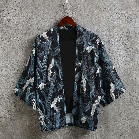 Pánská košile v čínském stylu Potisk 3/4 rukáv Uvolněný střih Streetwear Japonský límeček s volným stojáčkem Kimono Top pánské oblečení