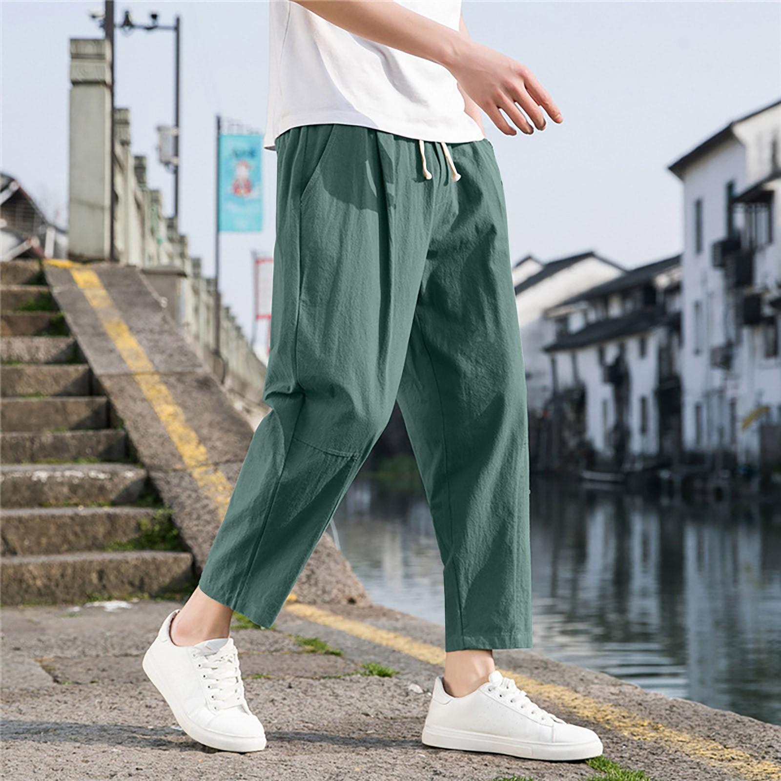

Мужские повседневные модные однотонные хлопковые льняные брюки, удобные дышащие брюки L армия зеленый