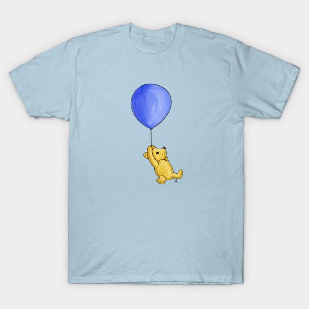Asian Size Men Black Print T-shirt Winnie The Pooh And The Big Blue Balloon No-Cut Print Cotton Tshirt