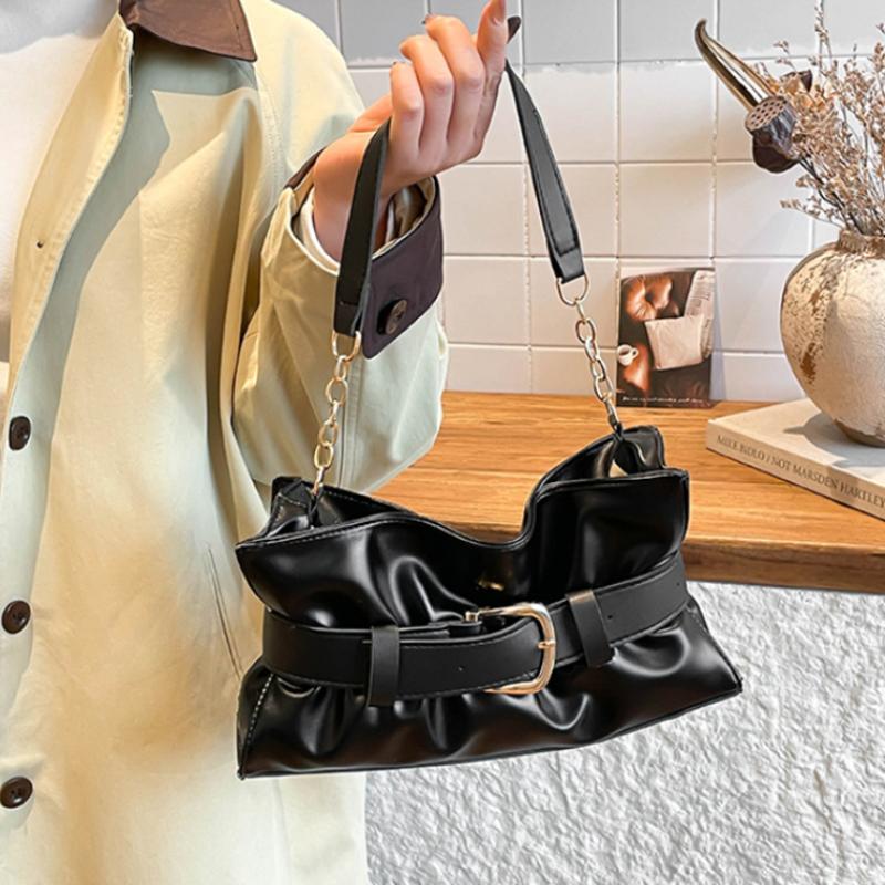 Luxury Retro Belt Buckle Shoulder Bag Soft Pleated Handbag Solid Color Elegant Women's Underarm Bag Fashion Versatile Clutch Bag