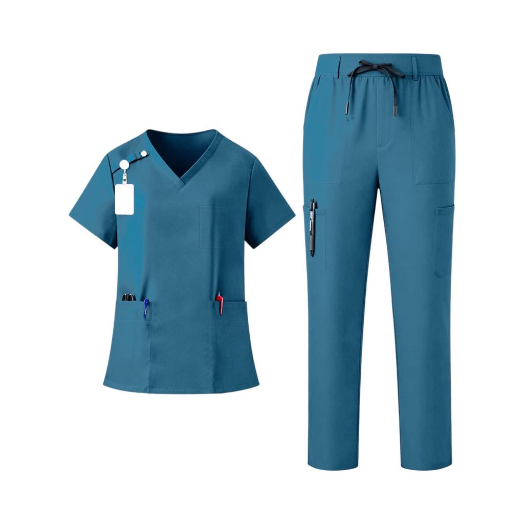 Women's Set V-Neck Short Sleeve Top with Pockets and Drawstring Pants, Quick Dry Color Uniform for Healthcare Workers