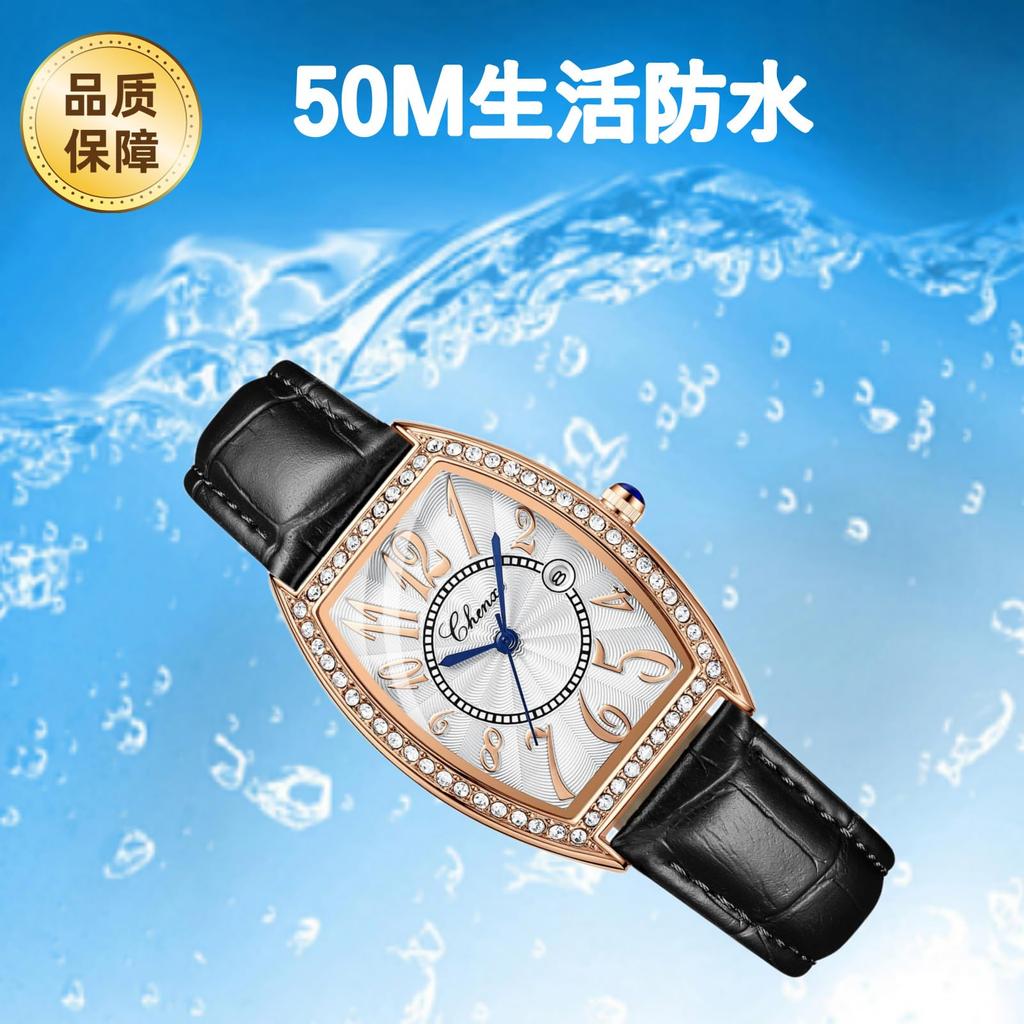 Popular diamond wristwatch with leather quartz slim simple suitable for and high school students women's strap, movement, shock-resistant,