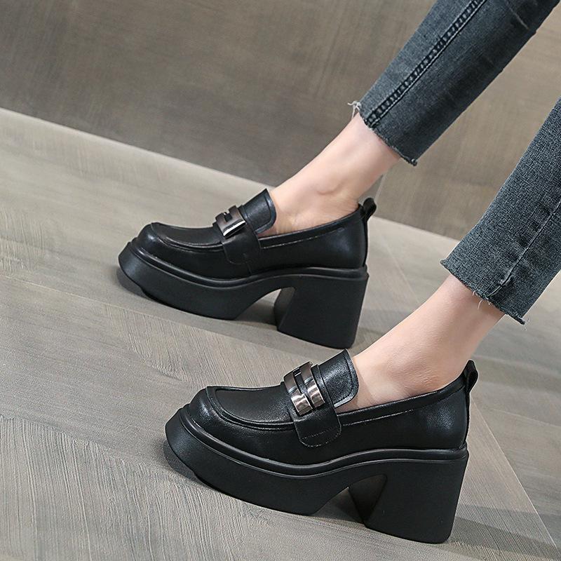 Thick-soled Loafers for Women Spring New British Style Muffin Height Increasing Women's Platform Shoes Genuine Leather Shoes