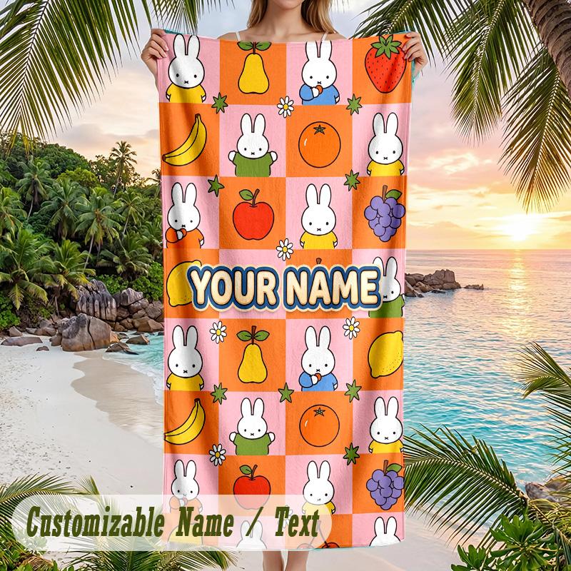 Miffy Beach Towel, Personalized Custom Text, Quick Dry Soft Large Towel For Swimming Pool Travel