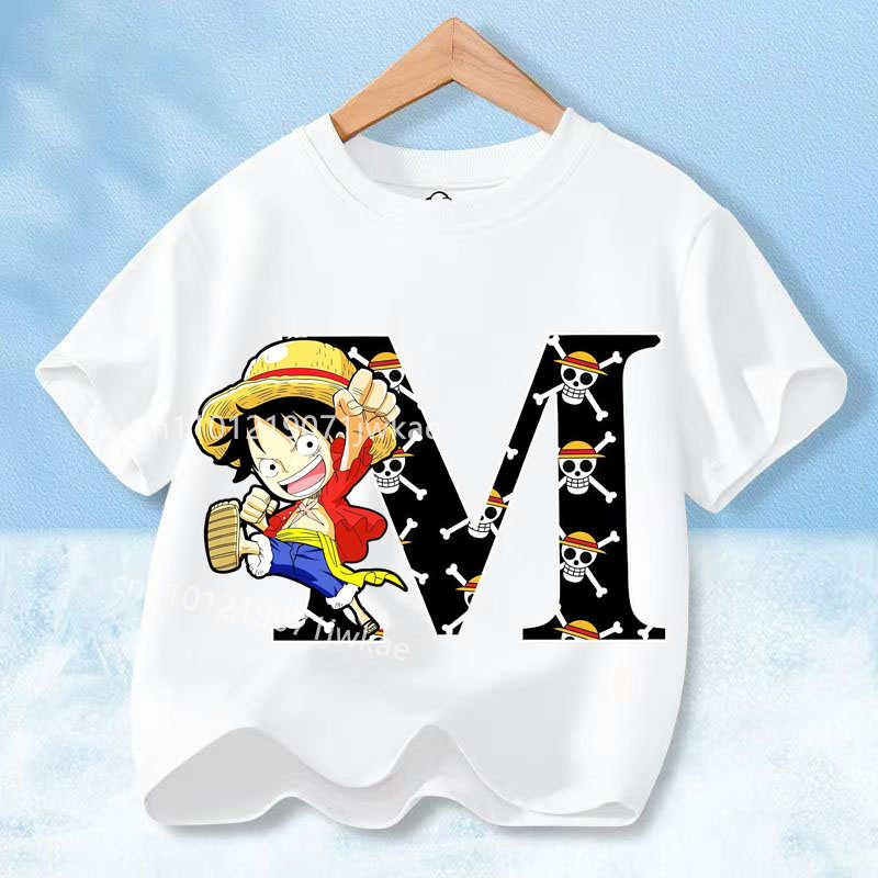 2026 New One Piece Letter A-Z Anime Luffy Gear  Cartoon Graphic Cotton T-shirt for Children Summer Sports Tees Casual Kids Tops