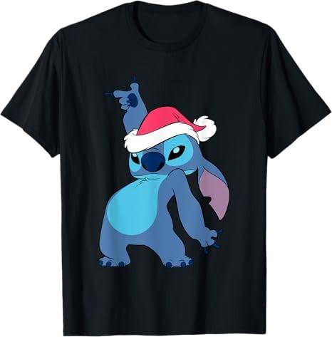 Lilo Stitch Christmas Santa Hat Dance Portrait Black TShirt S