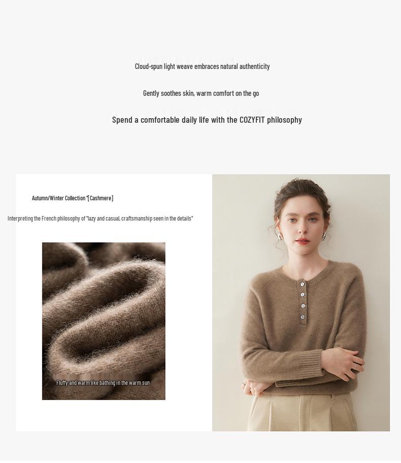 Autumn/Winter Women's Cashmere Knit Slimming Round Neck Button Sweater