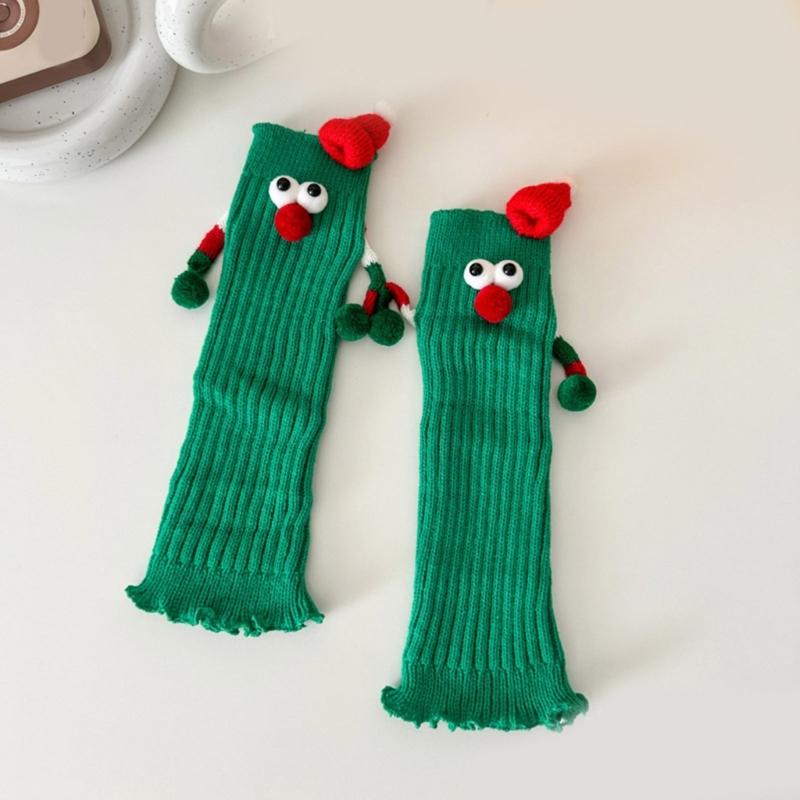 Christmas Holiday Leg Covers 3D Santa Hat Doll Magnetic Hand Holding Leg Warmers Socks with Big Curious Eyes for Women