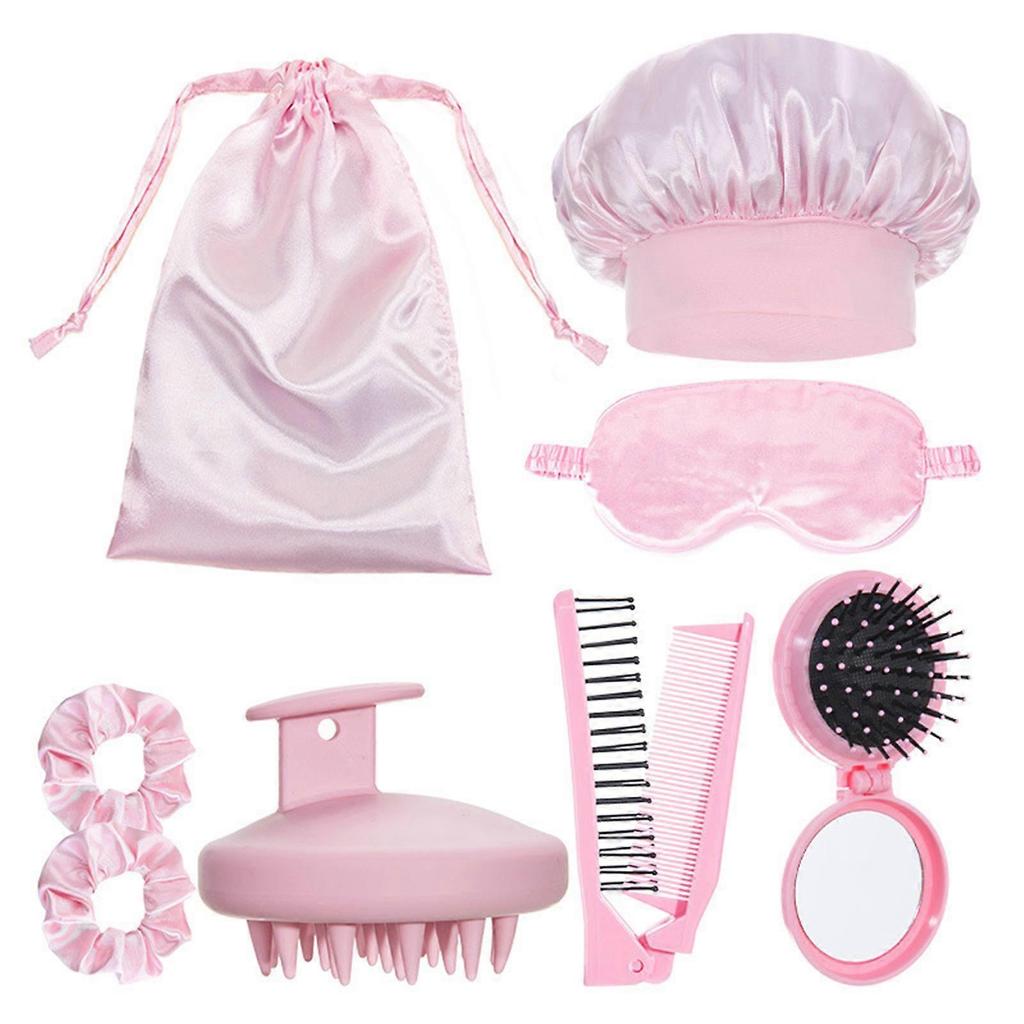 Women's 8pcs Hair Care Essential Kit Includes Silk Sleep Mask Breathable Shower Caps Portable Comb Scalp Massage Brush Multicolor