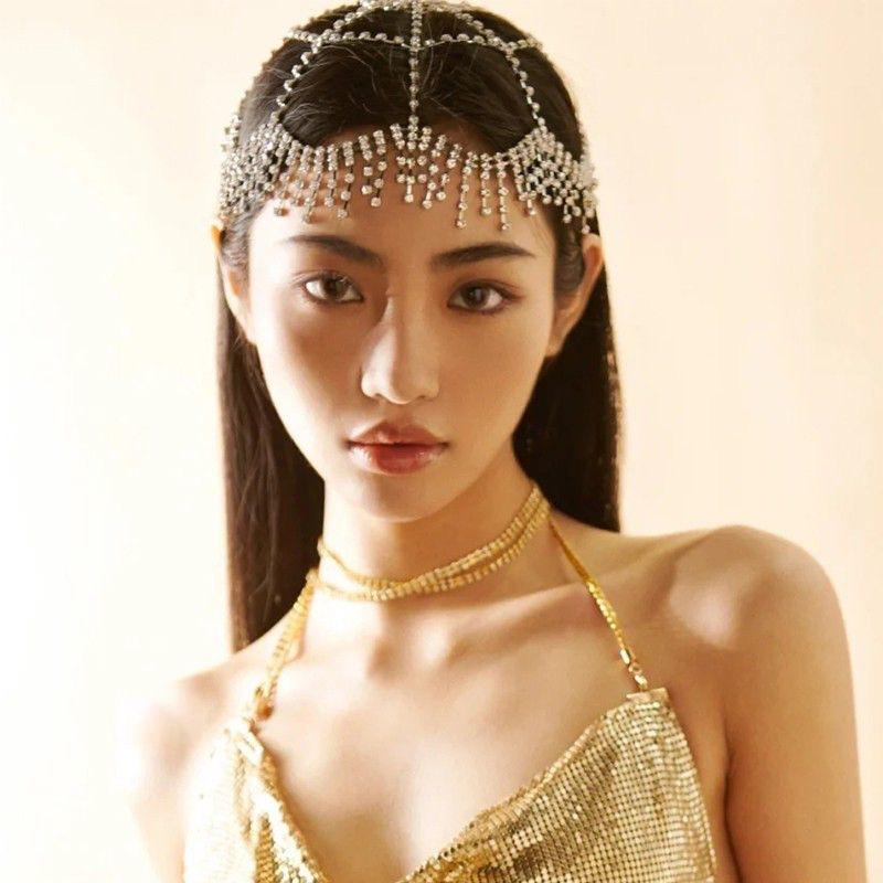 1Pcs Women Hair Accessories Vintage Hollow Mesh Tassel Cap Headpiece Bohemian Rhinestone Head Chain Hat Dance Perform Jewelry