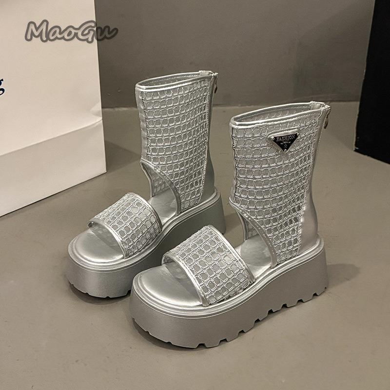 Mode Damen Sommerstiefel Größe35-40 Neu Hohler Rücken Reißverschluss Fischmaul Coole Stiefel Dicke Sohle Muffinsohle Sandalen Erhöhende Schuhe