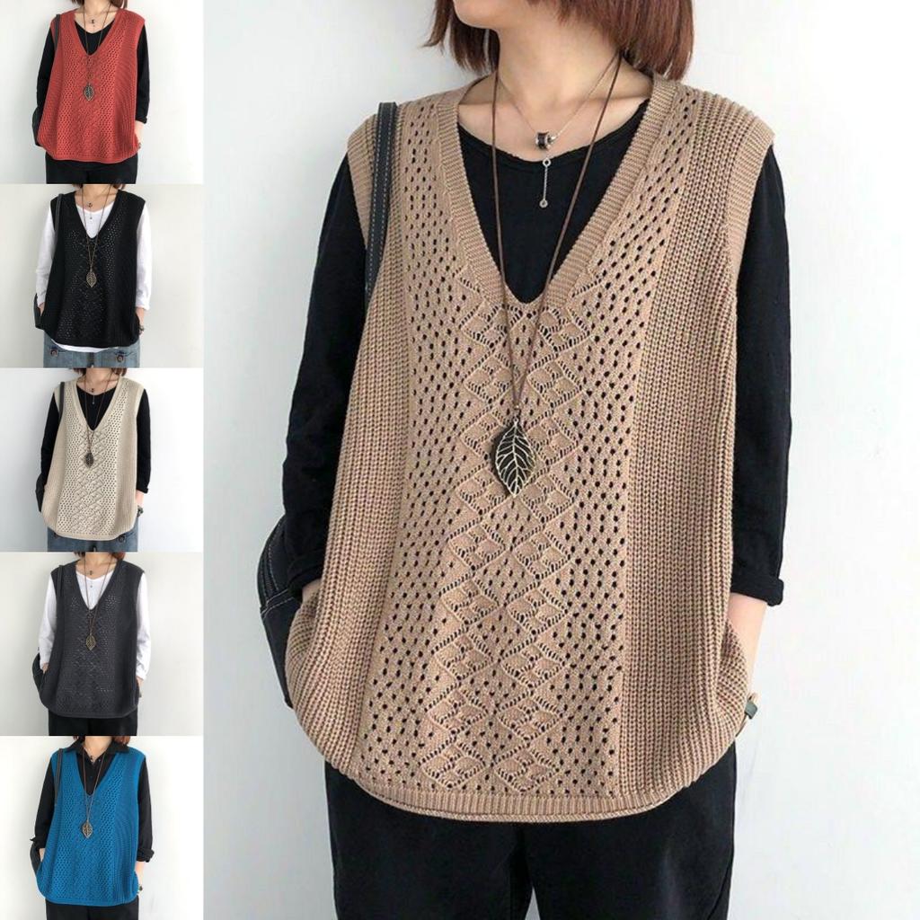 Knitted Vest Women's Vest Thin Loose Large Size Hollow Sleeveless Outer V-neck Waistcoat Retro Pullover Vest Women Autumn Winter