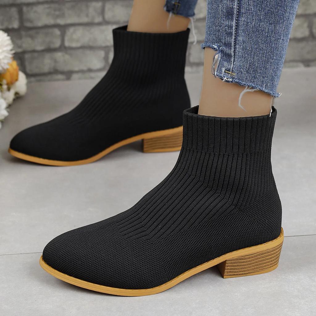 Ladies Pointed Toe Ankle Boots Chunky Heel Mesh Breathable Sock Boots Footwear British Style Vintage Knitting Booties Shoes