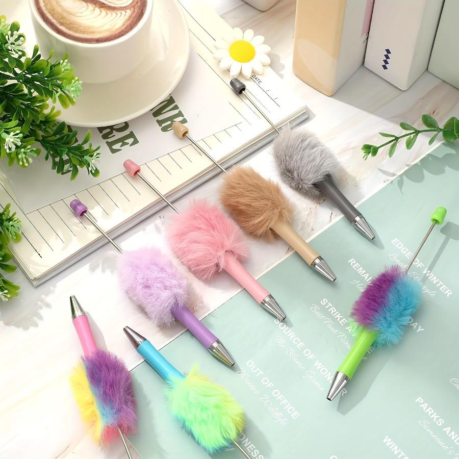 7pcs Cute Furry Puff Pens, Colorful Plush Ballpoint Pens, DIY Bead Pen Set, Aesthetic Writing Pens for Back To School, Birthday & Holiday Gifts